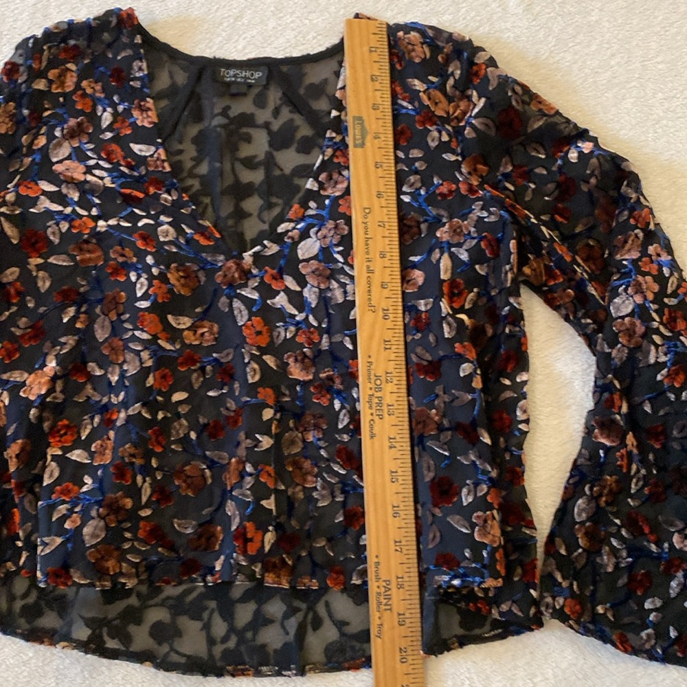 TopShop Long Sleeve Top Women’s 2 Burnt Velvet see thx bell sleeve evening top - Picture 6 of 13